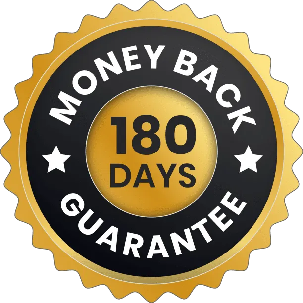 Gold and black 180-day money-back guarantee badge for Liv care supplement