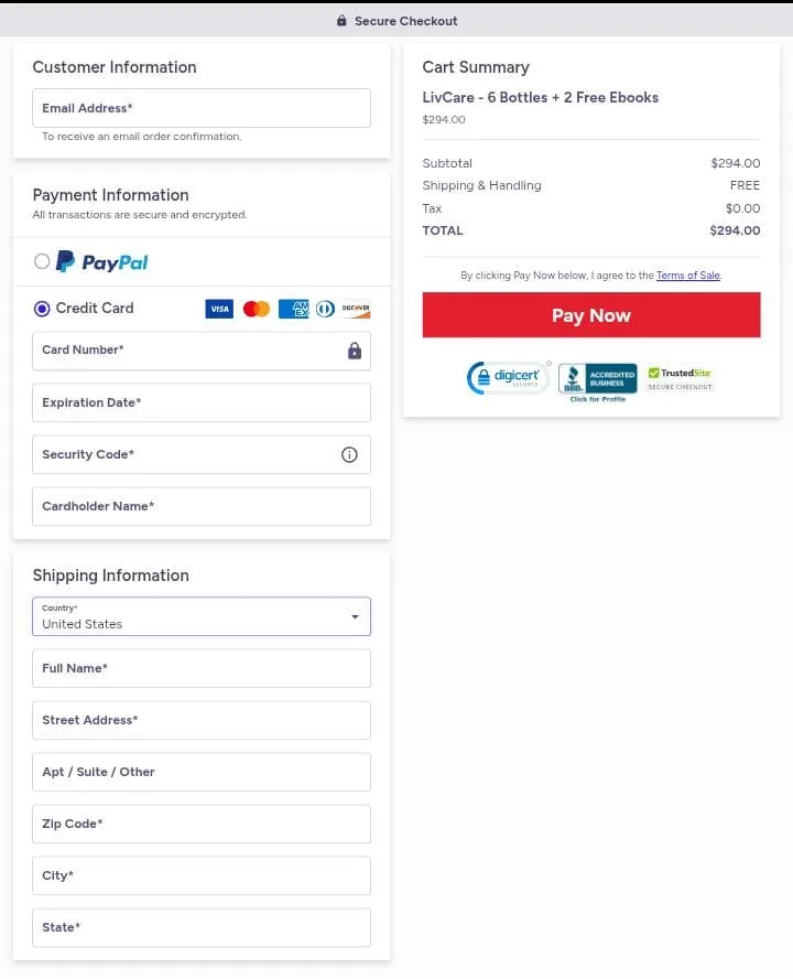 LivCare secure checkout page showing 6-bottle bundle with 2 free ebooks for $294, including PayPal and credit card payment options, shipping form, and a Pay Now button